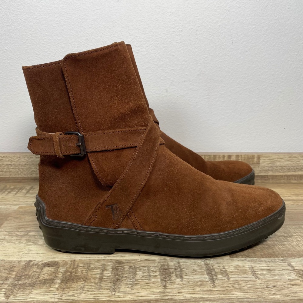 Tod's Men Brown Suede Buckle Strap Ankle Boots Pebble Soles UK 9 - US 10.5 EUC